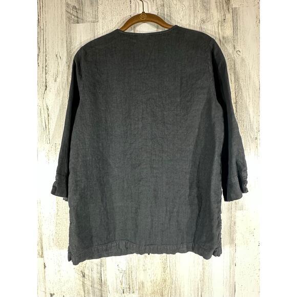 Hot Cotton Button Up Top Size Small Black 100% Linen 3/4 Sleeve V Neck - Picture 2 of 9